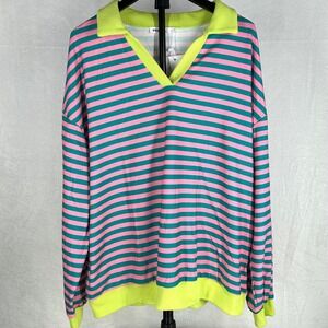 ETOSELL Oversized Striped Polo Sweatshirt Neon Green Pink Size L NWT